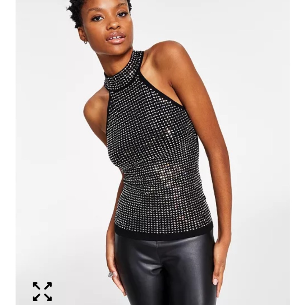 Guess Black Celeste Mirror Turtleneck Embellished Tank Top Size Medium